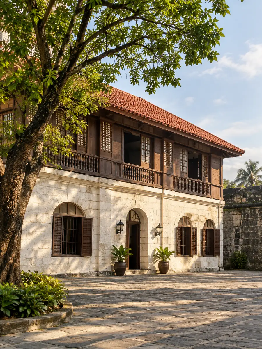Ang gusaling kolonyal na Espanyol na may puting pader ng Rizal Shrine sa loob ng Fort Santiago, may mga arkong bintana at bubong na tisa