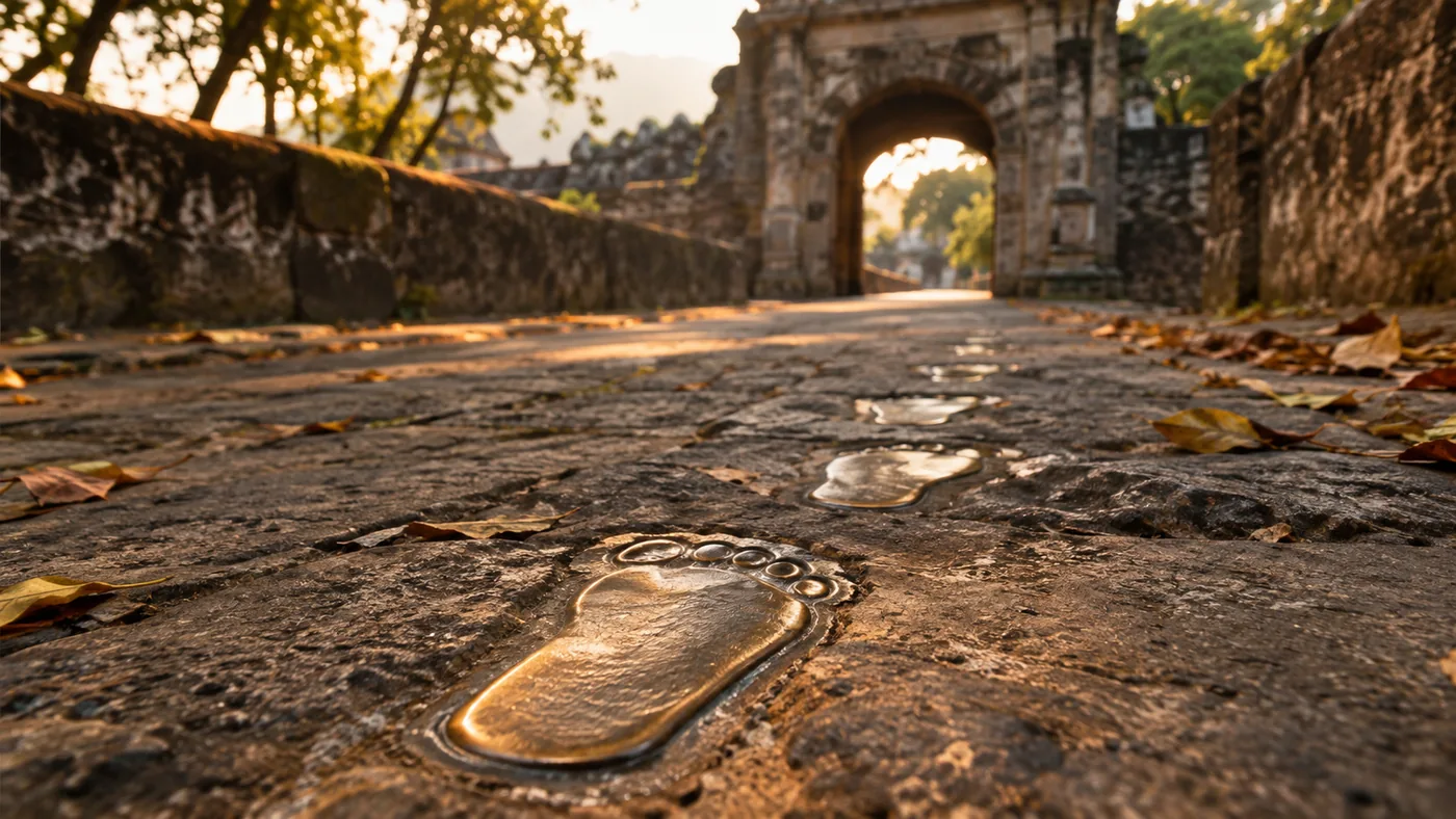 Mga tansong bakas ng paa na nakabaon sa batong sahig ng Fort Santiago, patungo sa isang arkong batong tarangkahan