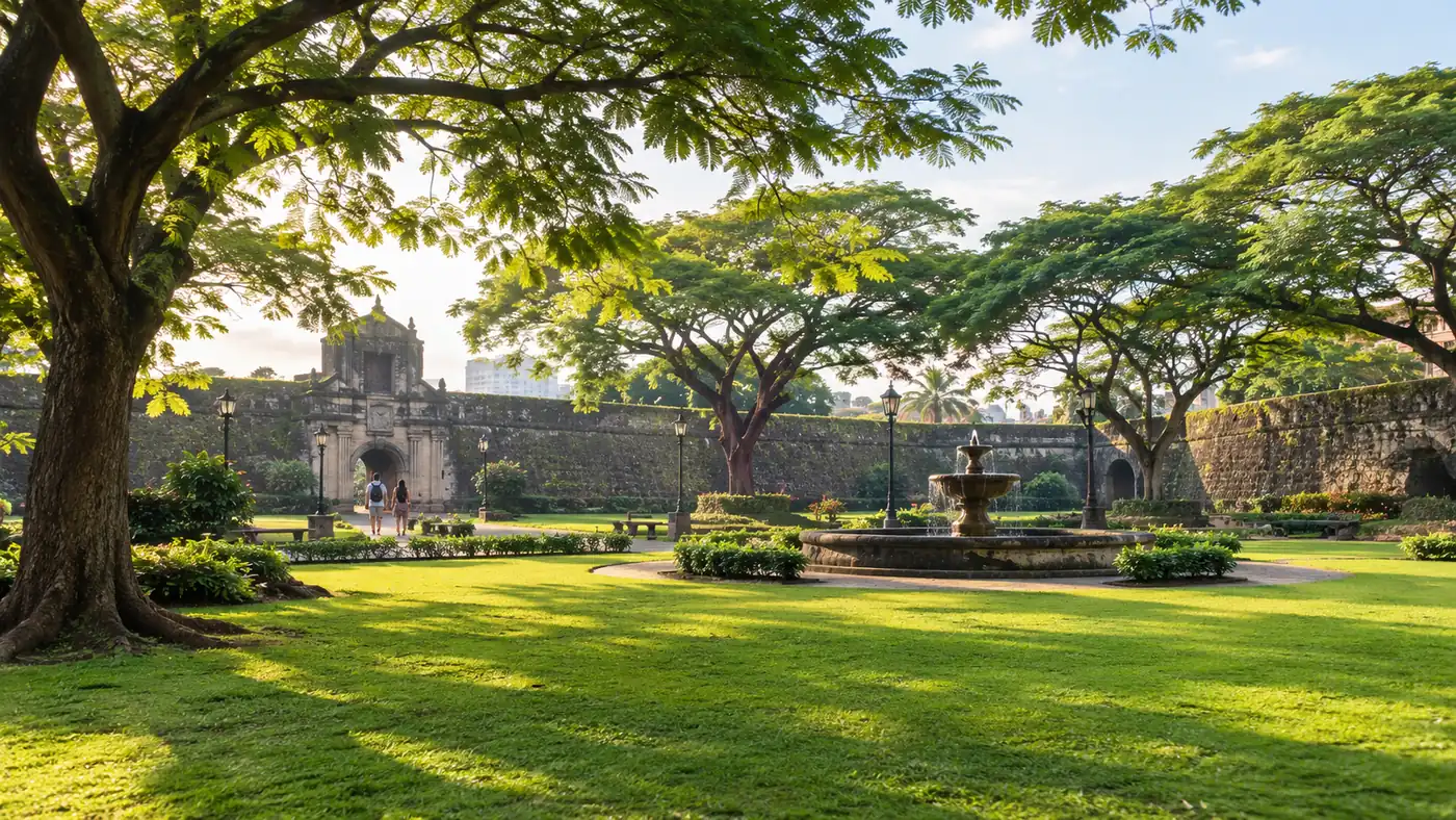 Ang damuhan ng Plaza de Armas sa loob ng Fort Santiago, may malilim na puno at lumang batong pader sa malambot na liwanag ng umaga